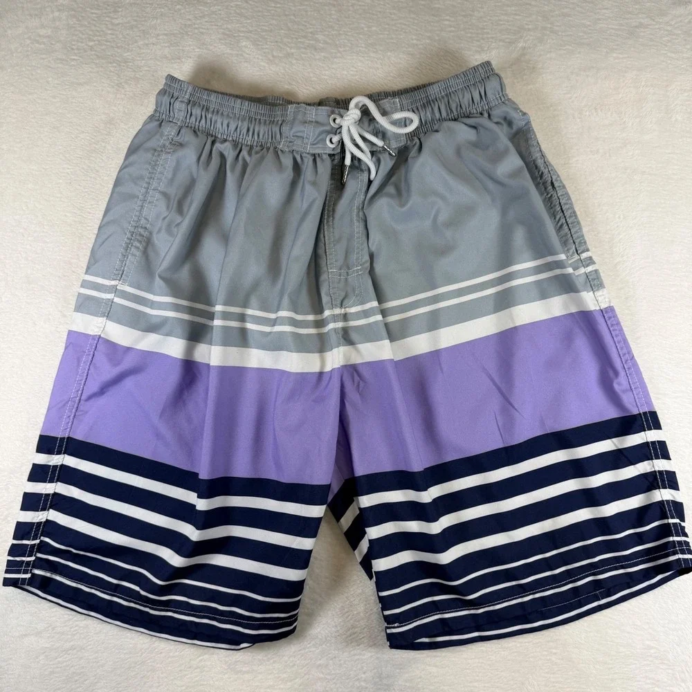 Kailua Surf Mens XXL Swim Trunks Grey Purple Striped Board Shorts Mesh Lined